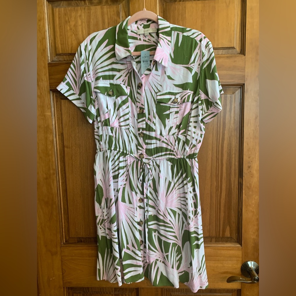 LOFT Green and Pink Leaf Print Dress
